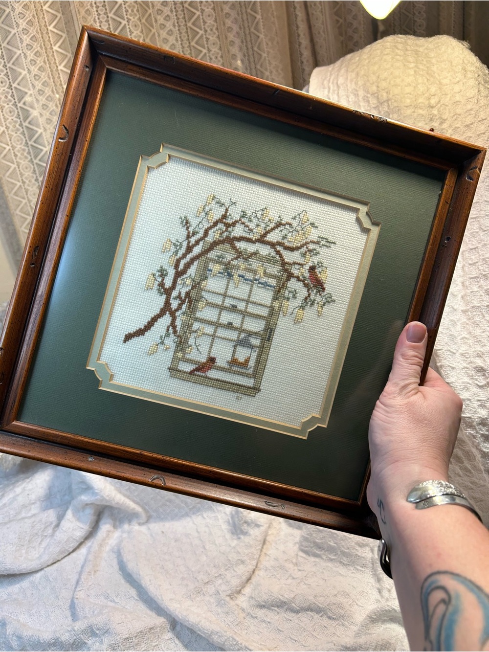 Framed Green Mat Window Cross-Stitch Wall Decor